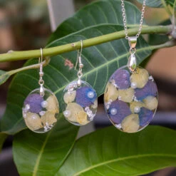 Hydrangea Magic Pearl Dried Flower Necklace Earring Set -Plant Life Decor Shop 3BlueYellowPearlSet