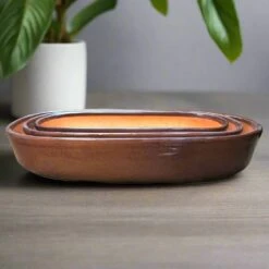 Set Of 3 Chiselled Bonsai Ceramic Tray -Plant Life Decor Shop ChiselledBonsaiCeramicTraySet CopperBrown 2