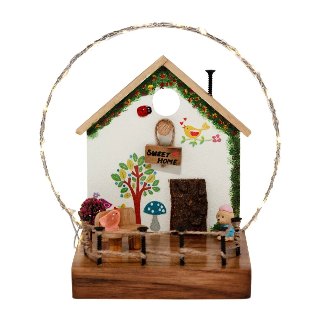 White Cottage With Bark Door & String Lights Decor 4 White Cottage With Bark Door & String Lights Decor - Image 4