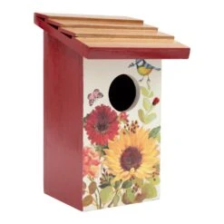 Teak Roof Bird House With Floral Meadows Decor