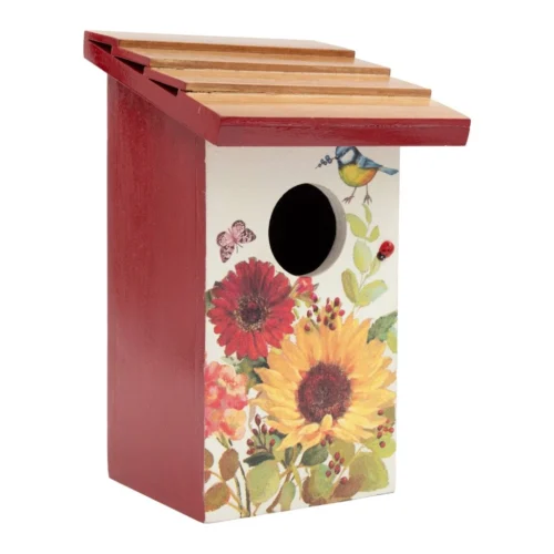 Teak Roof Bird House With Floral Meadows Decor