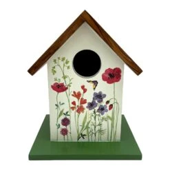Teak Roof Bird House With Meadows Decor