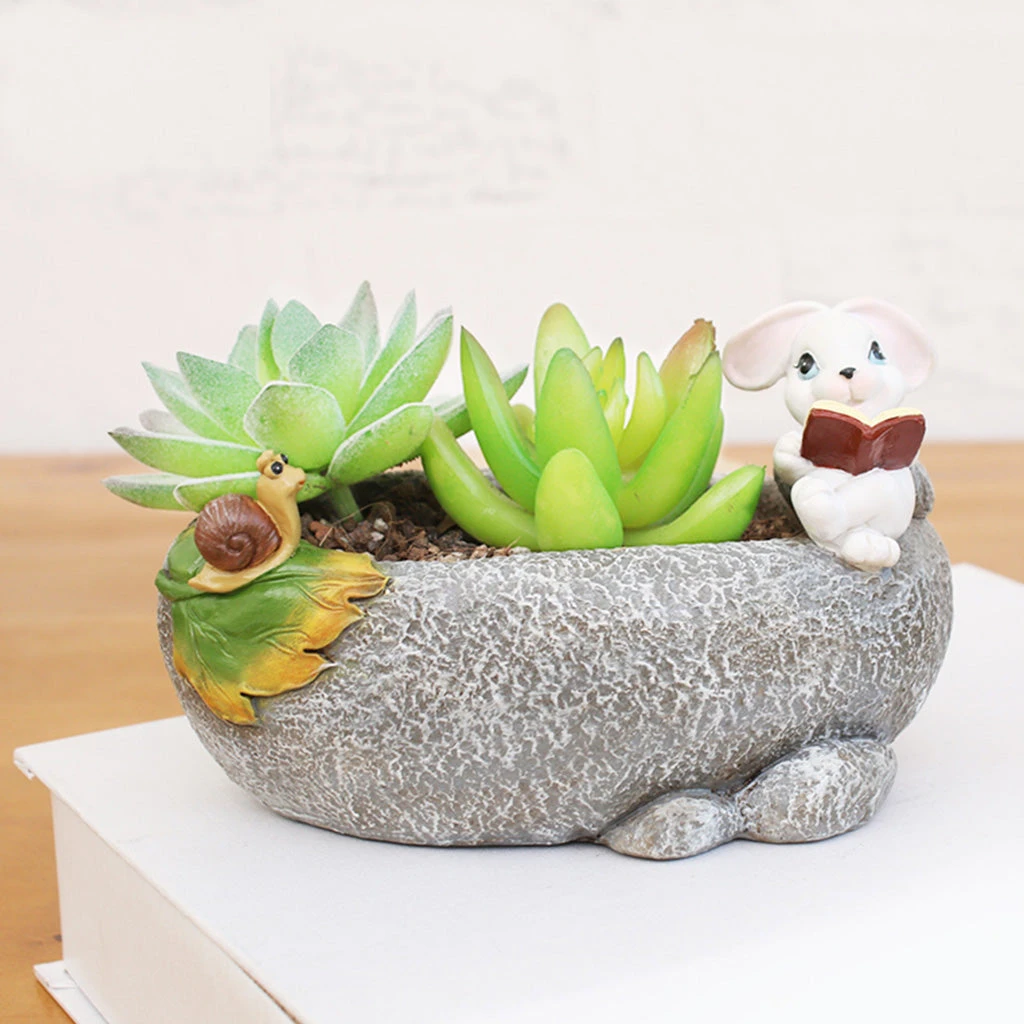 Cute Rabbit Reading Resin Succulent Pot 1 Cute Rabbit Reading Resin Succulent Pot
