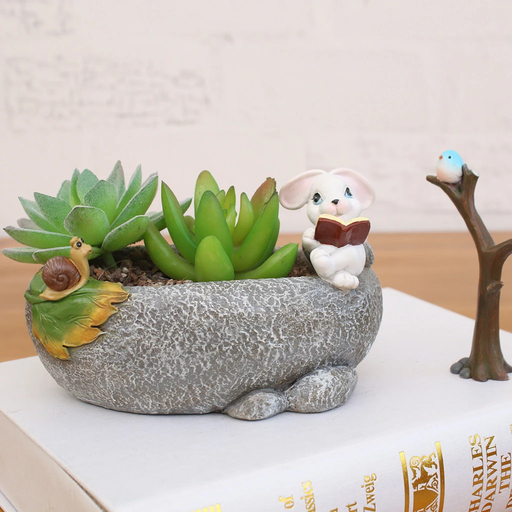 Cute Rabbit Reading Resin Succulent Pot 2 Cute Rabbit Reading Resin Succulent Pot - Image 2