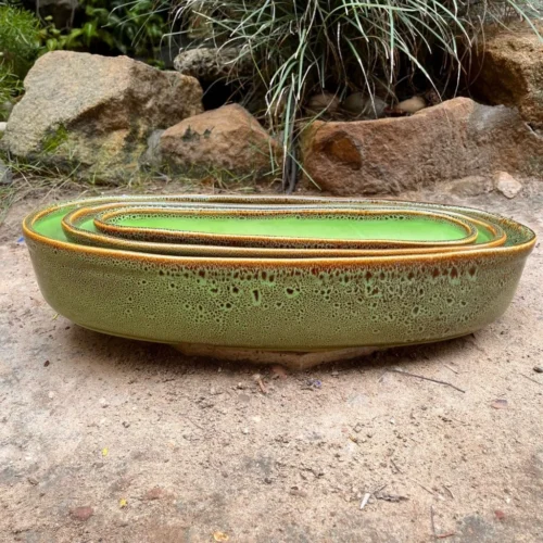 Set Of 3 Chiselled Bonsai Ceramic Tray -Plant Life Decor Shop CyprusGreenOvalTrayset