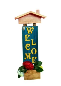 Welcome Message With Artificial Flowers Wooden Rack