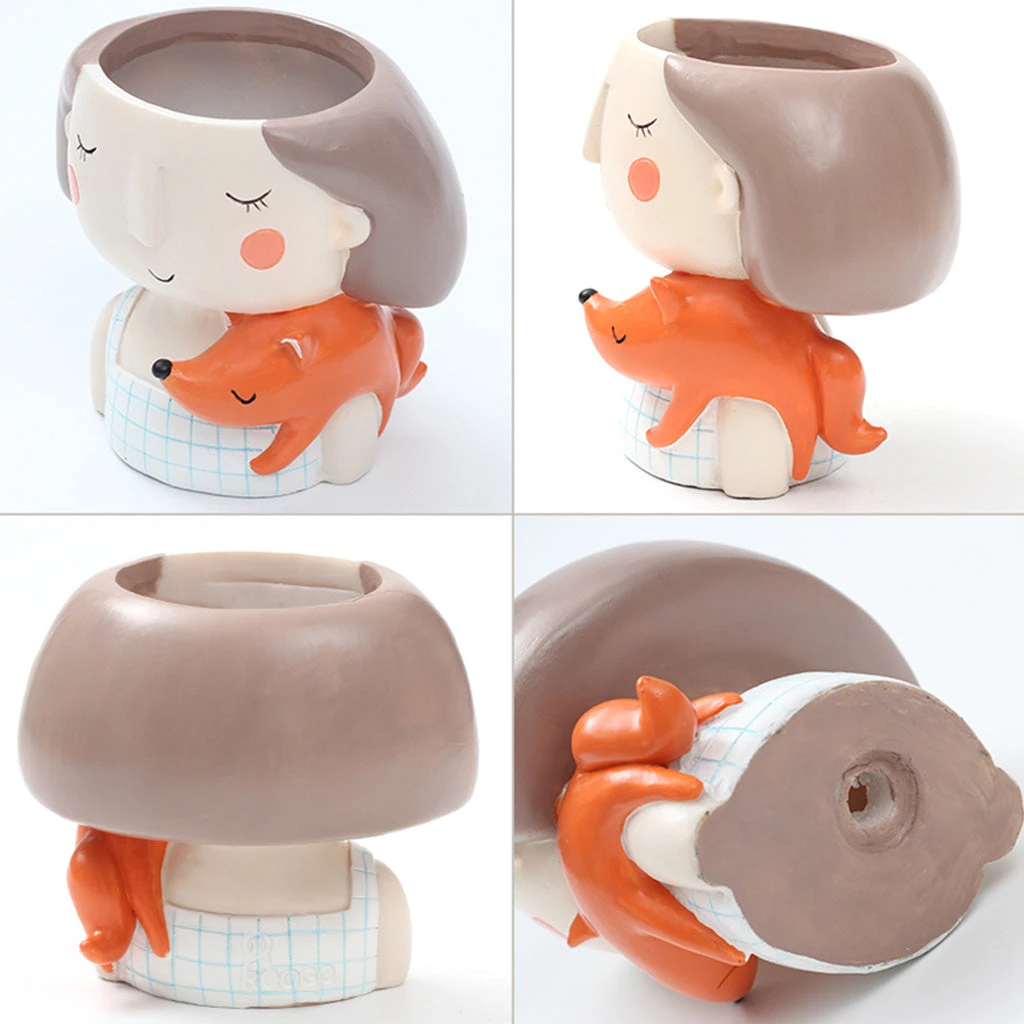 Girl With Fox Resin Succulent Pot 3 Girl With Fox Resin Succulent Pot - Image 3