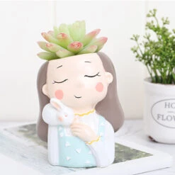 Girl With Rabbit Resin Succulent Pot