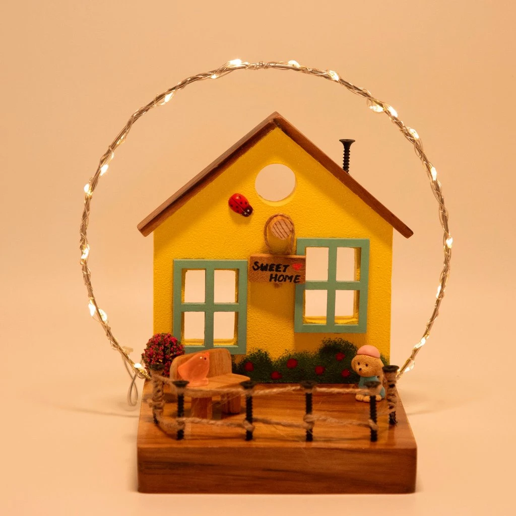 Yellow Cottage With String Lights Decor 1 Yellow Cottage With String Lights Decor