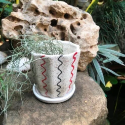 Zig Zag Cream Ceramic Pot With Tray