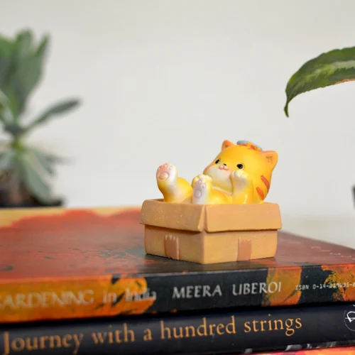 Miniature Kitten In Box Decor – Terrarium & Fairy Garden Resin Figurine -Plant Life Decor Shop Kitten playing in box 2