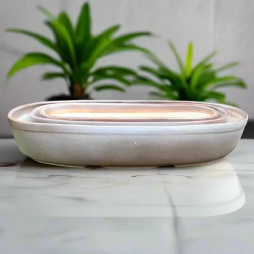 Set Of 3 Chiselled Bonsai Ceramic Tray -Plant Life Decor Shop Smoke Grey Ceramic Bonsai Set