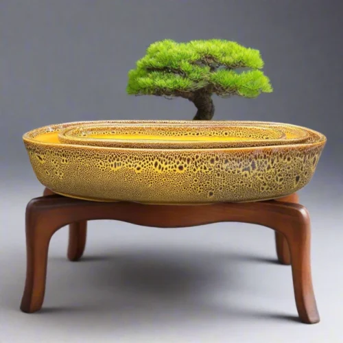 Set Of 3 Chiselled Bonsai Ceramic Tray -Plant Life Decor Shop Speckled Mustard Yellow Bonsai Ceramic Tray Set