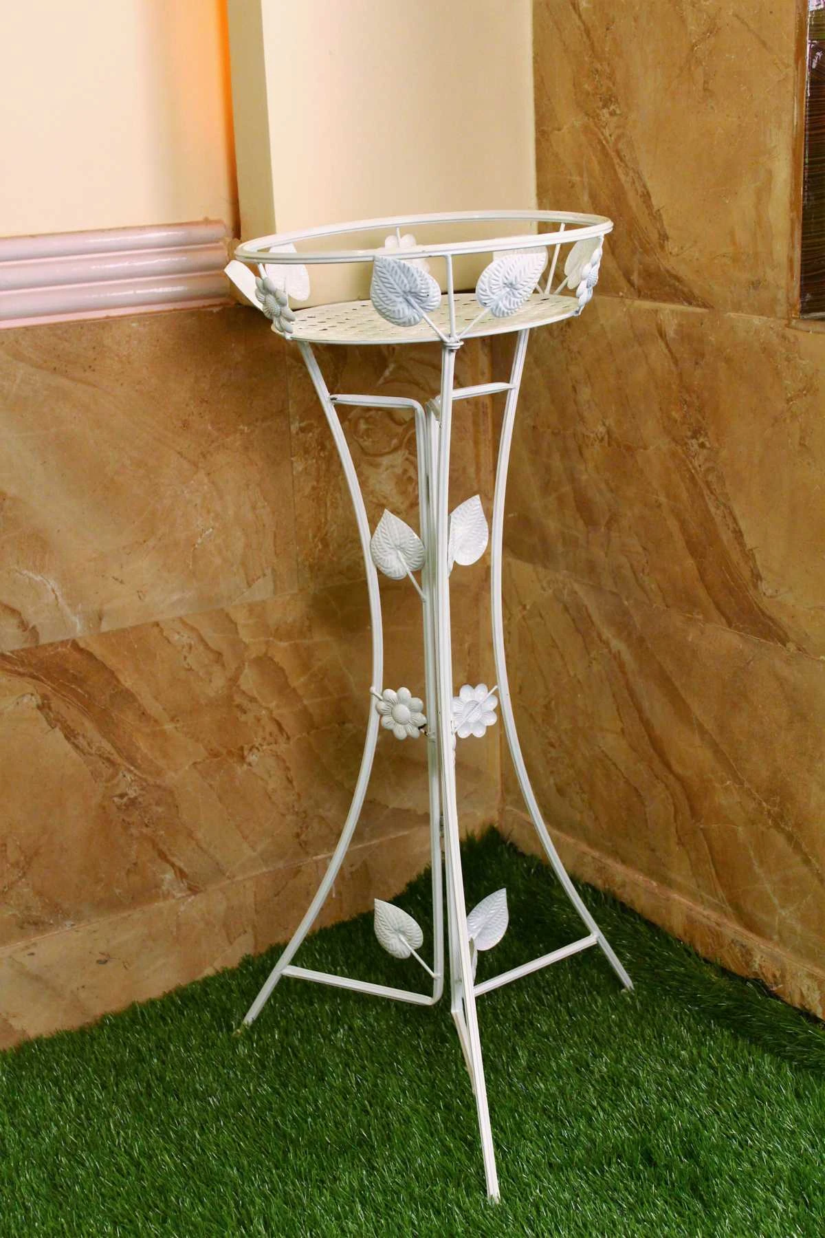 White Metal Flower Stand Single Pot On Top 2 White Metal Flower Stand Single Pot On Top - Image 2
