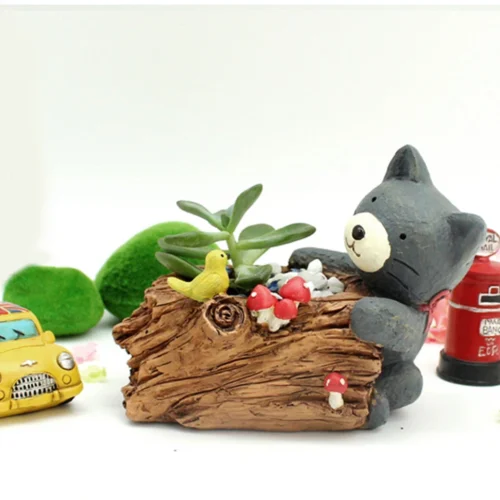 Cute Cat With Bird Resin Succulent Pot