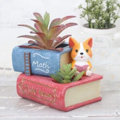 Cute Corgi Dog Reading Book Succulent Pot