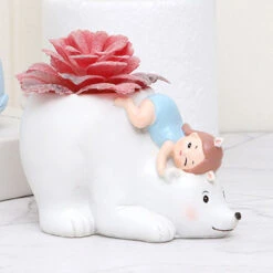 Cute Girl On Polar Bear Resin Succulent Pot