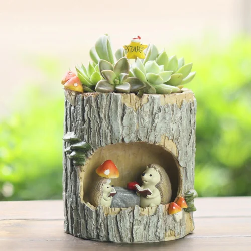 Hedgehog Reading In Treehouse Resin Succulent Pot