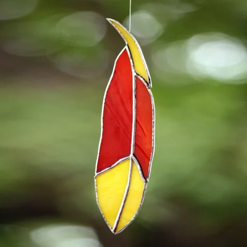 Suncatcher Stained-Glass Feather -Plant Life Decor Shop red yellow