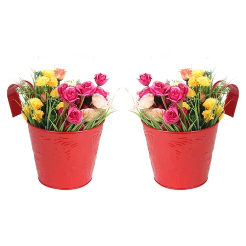 Set Of 2 Hanging Railing Buckets 8 Set Of 2 Hanging Railing Buckets -Plant Life Decor Shop setof2 railing bucket red 1