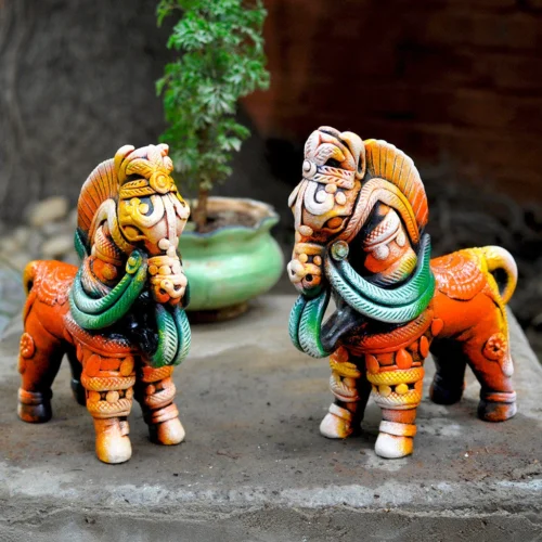 Set Of 2 Decorative Terracotta Horses Decor