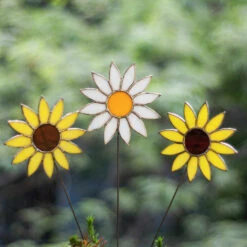 Set Of 2 Sunflowers & 1 Daisy Stained Glass Garden Stick