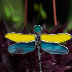 Stained Glass Dragonfly Garden Stick -Plant Life Decor Shop yello2 blue